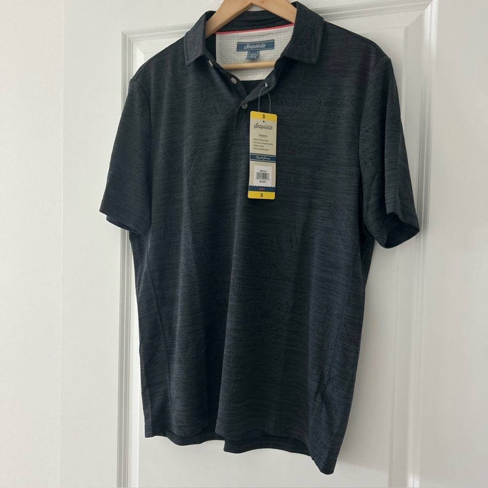 Seapointe Black Short-Sleeve Polo Shirt with a Subtle Palm Print Small NWT